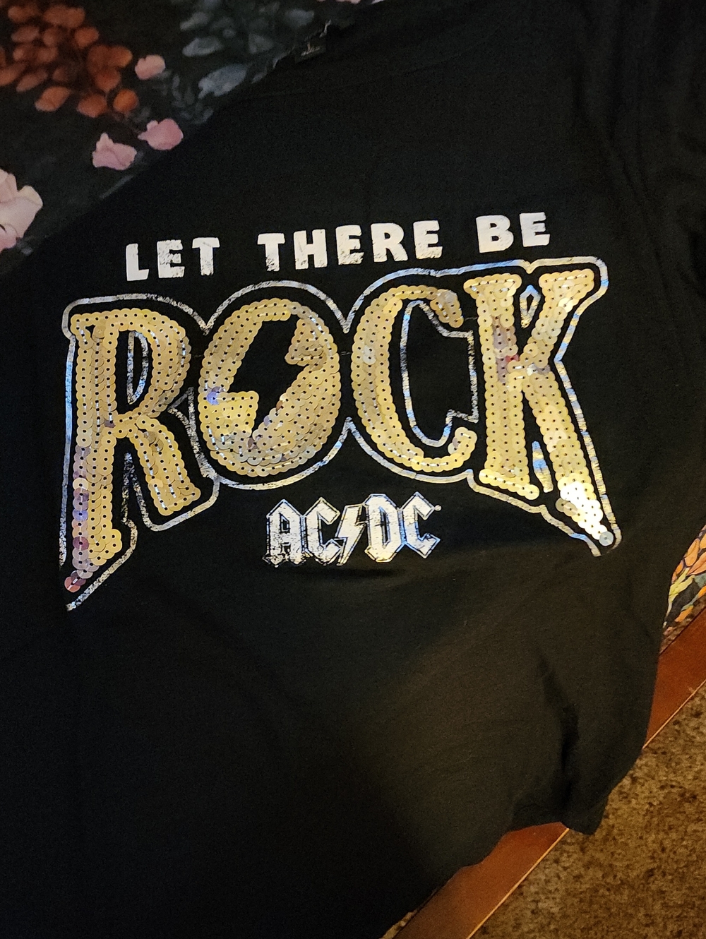 Rock & Republic AC/DC Black Tee with Gold Sequin 'Let There Be Rock' Graphic